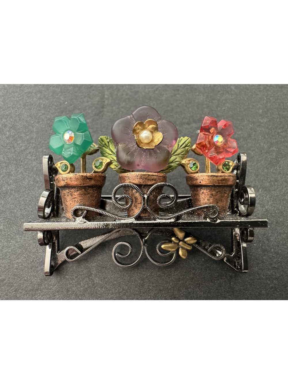 Sweet Romance USA Brooch Potted Flowers on Metal Shelf 3-D Pin Green Red Garden
